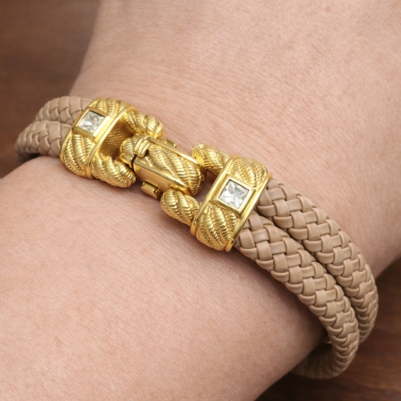 Judith Ripka Tan Double Rope Leather Bracelet 925 Gold Over Clasp EUC 8" #523 - Picture 3 of 8